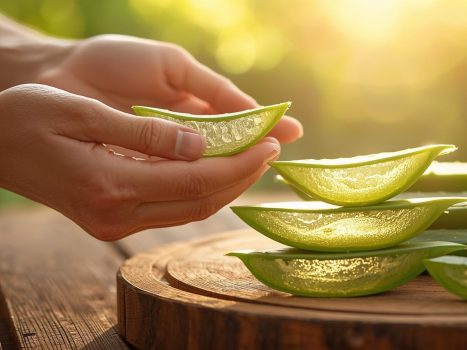 Meine-Haende-felitieren-eine-Aloe-Vera-es-liegen-Aloe-Vera-Stuecke-von-gross-nach-klein-gesapelt-auf-einem-Holzbrett-und-werden-von-hinten-von-der-Sonne-beleuchtet